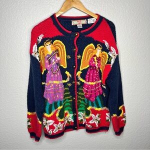 Vintage Hand Knit Angel Cardigan Sweater Cardigan Bay Folk Art Grandma Holiday M